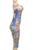 Blue Sexy Floral Print Backless Strapless Skinny Rompers