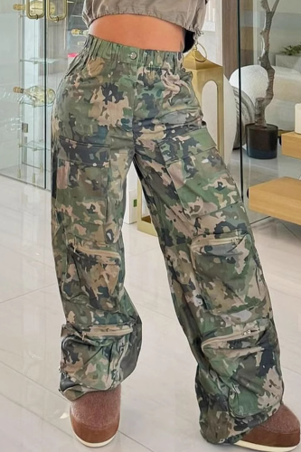 Camouflage Casual Camouflage Print Pocket Zipper Loose Mid Waist Full Print Bottoms