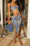 Blue Sexy Hot Floral Print Backless Belted Halter Sleeveless Two Pieces