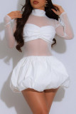 White Sexy Solid Color Patchwork See-Through Turtleneck Long Sleeve Dresses