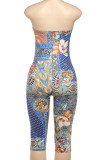 Blue Sexy Floral Print Backless Strapless Skinny Rompers