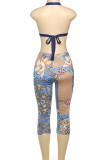 Blue Sexy Hot Floral Print Backless Belted Halter Sleeveless Two Pieces