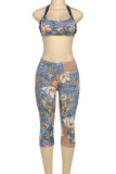 Blue Sexy Hot Floral Print Backless Belted Halter Sleeveless Two Pieces