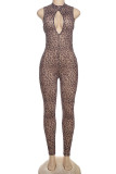 Leopard Print Sexy Hot Leopard Print Hollow Out Half A Turtleneck Skinny Jumpsuits