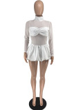 White Sexy Solid Color Patchwork See-Through Turtleneck Long Sleeve Dresses