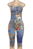 Blue Sexy Floral Print Backless Strapless Skinny Rompers