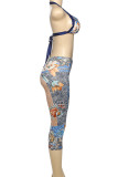 Blue Sexy Hot Floral Print Backless Belted Halter Sleeveless Two Pieces