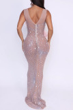 Pink Sexy Party Formal Patchwork See-Through Backless Hot Drill Flowers O Neck Long Dresses
