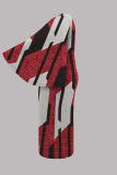 Red Casual Print Patchwork O Neck Wrapped Skirt Plus Size Dresses