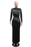 Black Sexy Party Formal Hot Drilling Backless Half A Turtleneck Long Dresses