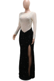 Apricot Prom Patchwork Slit Hot Drill O Neck Long Dresses