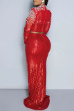 Red Sexy Solid Color Sequins Slit Beading Hot Drill Half A Turtleneck Long Sleeve Two Pieces