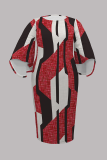 Red Casual Print Patchwork O Neck Wrapped Skirt Plus Size Dresses