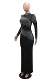 Black Sexy Party Formal Hot Drilling Backless Half A Turtleneck Long Dresses