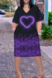 Pink Black Casual Print Pocket Patchwork V Neck Straight Plus Size Dresses