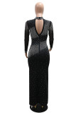 Black Sexy Party Formal Hot Drilling Backless Half A Turtleneck Long Dresses