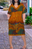 Pink Black Casual Print Pocket Patchwork V Neck Straight Plus Size Dresses