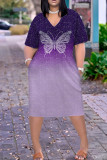 Pink Black Casual Print Pocket Patchwork V Neck Straight Plus Size Dresses