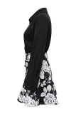 Black Casual Floral Print Buttons Shirt Collar Long Sleeve Two Pieces