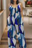 Red Black Casual Print Pocket Patchwork Spaghetti Strap Plus Size Jumpsuits