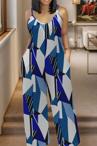 Blue Casual Print Pocket Patchwork Spaghetti Strap Plus Size Jumpsuits
