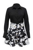 Black Casual Floral Print Buttons Shirt Collar Long Sleeve Two Pieces