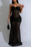 Black Sexy Celebrities Formal Solid Color Sequins Patchwork See-Through Backless Strapless Long Dresses