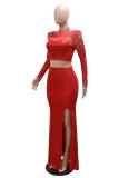 Red Sexy Solid Color Sequins Slit Beading Hot Drill Half A Turtleneck Long Sleeve Two Pieces
