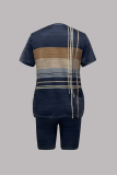 Tibetan Blue Casual Plaid Pocket Patchwork O Neck Short Sleeve Two Pieces