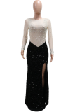 Apricot Prom Patchwork Slit Hot Drill O Neck Long Dresses