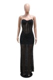 Black Sexy Celebrities Formal Solid Color Sequins Patchwork See-Through Backless Strapless Long Dresses