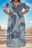 Turquoise Elegant Floral Print With Belt V Neck Printed Plus Size Dresses