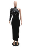 Black Sexy Party Formal Solid Color Slit Hot Drill Half A Turtleneck Long Dresses