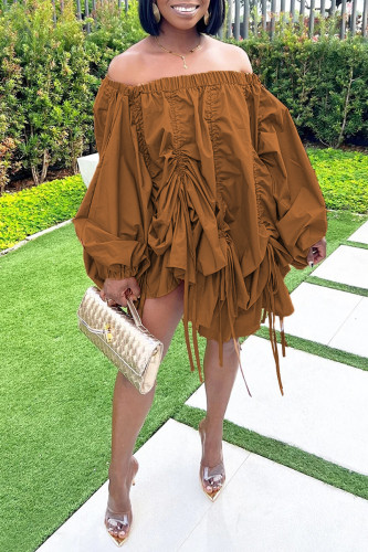 Brown Sexy Solid Color Draw String Lace Up Backless Off Shoulder Long Sleeve Dresses