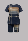 Tibetan Blue Casual Plaid Pocket Patchwork O Neck Short Sleeve Two Pieces