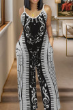 Red Black Casual Print Pocket Patchwork Spaghetti Strap Plus Size Jumpsuits