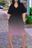 Pink Black Casual Print Pocket Patchwork V Neck Straight Plus Size Dresses