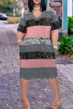 Pink Black Casual Print Pocket Patchwork V Neck Straight Plus Size Dresses