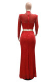 Red Sexy Solid Color Sequins Slit Beading Hot Drill Half A Turtleneck Long Sleeve Two Pieces