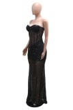 Black Sexy Celebrities Formal Solid Color Sequins Patchwork See-Through Backless Strapless Long Dresses
