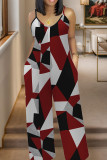 Red Black Casual Print Pocket Patchwork Spaghetti Strap Plus Size Jumpsuits