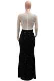 Apricot Prom Patchwork Slit Hot Drill O Neck Long Dresses
