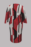 Red Casual Print Patchwork O Neck Wrapped Skirt Plus Size Dresses
