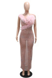 Pink Sexy Party Formal Patchwork See-Through Backless Hot Drill Flowers O Neck Long Dresses