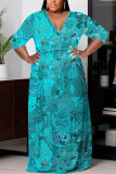 Turquoise Elegant Floral Print With Belt V Neck Printed Plus Size Dresses