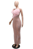 Pink Sexy Party Formal Patchwork See-Through Backless Hot Drill Flowers O Neck Long Dresses