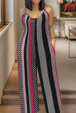 Red Black Casual Print Pocket Patchwork Spaghetti Strap Plus Size Jumpsuits