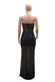 Black Sexy Celebrities Formal Solid Color Sequins Patchwork See-Through Backless Strapless Long Dresses