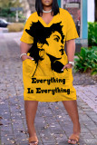 Fluorescent Yellow Casual Print Pocket Basic V Neck Short Sleeve Short Sleeve Dress