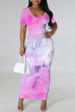 Light Purple Casual Gradient Print Flowers Contrast O Neck Printed Dresses